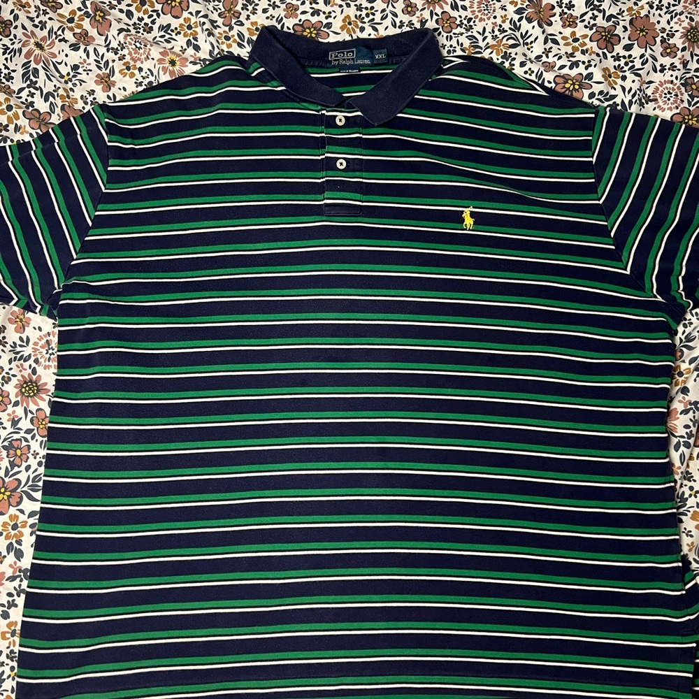 Polo by Ralph Lauren Men's Polo Shirt - Navy and Green Stripes